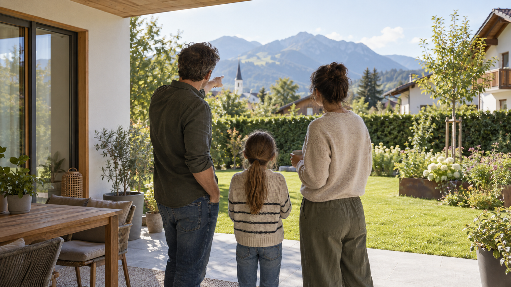 Familie blickt von der Terrasse in einen Garten